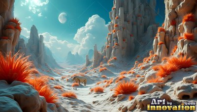 Orange bushy plants dot a pale rock canyon where a four-legged beast walks