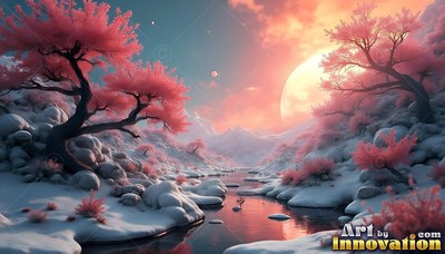 In a snowy valley, a winding stream flows past pink trees under a giant moon