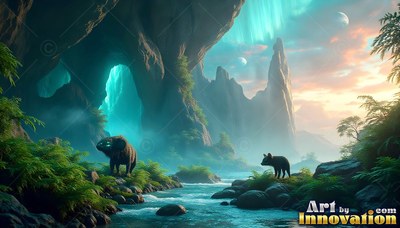 Standing by a blue river, two dark creatures pause near rocky cliffs under pale moons