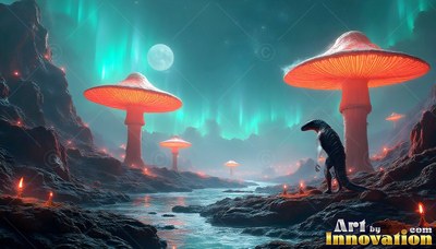 Large red mushrooms and a lizard creature beside a river