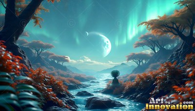 Orange leaves cover the trees along a rocky river under two pale moons and green sky lights