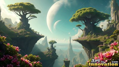 Broad trees stand on rocky cliff edges under the pale blue light of twin moons
