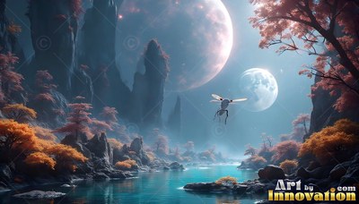 Hovering in midair, a winged insect flies over a blue river below two moons