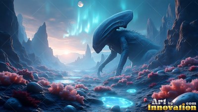 A blue creature with a curved head creeps through red plants under northern lights