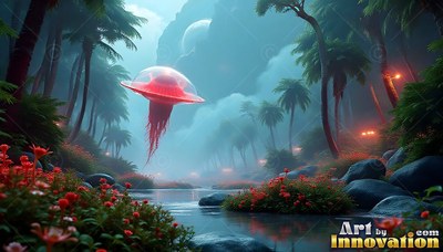 In a misty palm forest, a red jellyfish floats above a calm river