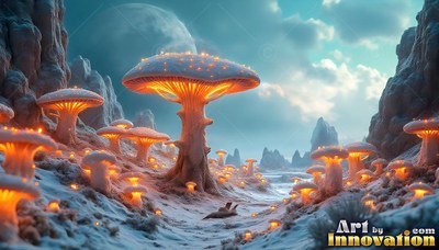 Shining orange from beneath, giant mushrooms sprout across a snowy valley