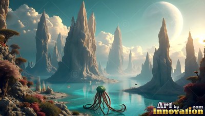 A green jellyfish creature swims in blue water by rocky spires
