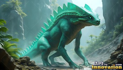 Spined back ridges mark a teal lizard creature crawling through a foggy green canyon