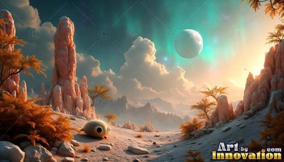 A round creature rests on a pale desert beneath a teal sky and a large moon