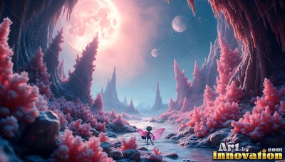 Seen from behind, a small winged creature walks among pink coral plants beneath moons
