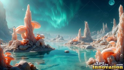 Pale pink crystal spires and mushrooms stand around blue water under northern lights