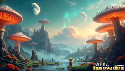 In a misty valley beneath twin moons, a small figure faces giant mushrooms