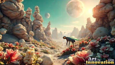 Walking through pink flowers, a winged bug stands beneath two pale moons in a rocky desert landscape