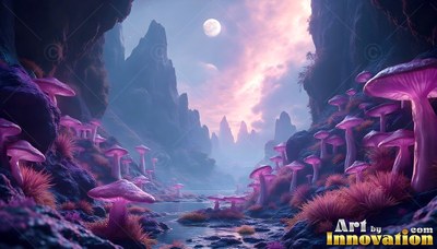 Purple mushrooms grow along a rocky valley under the moon