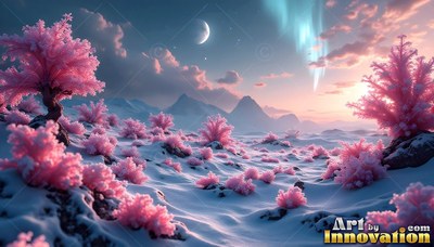 Pink fluffy foliage on small trees across a snowy landscape under a crescent moon