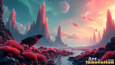 A dark bird stands on rocks beside red plants under a soft pink and green sky