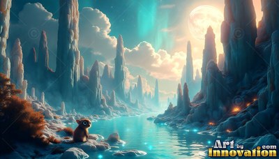 Sitting on a rocky bank, a small furry creature looks out over a blue river