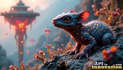 A spotted gray lizard sits on a rocky cliff by tall orange towers