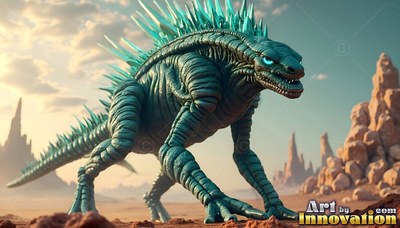 In a desert with rocky spires, a teal spiky reptile crawls across the sand