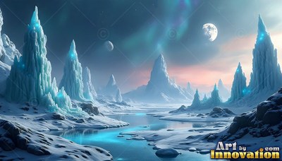 Rising above blue water, tall ice spires stand on a snowy planet under two moons