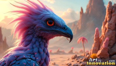 A blue and pink feathered bird in a rocky desert landscape