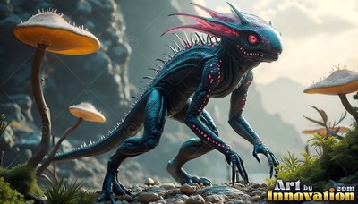 Pink spines sweep back from the head of a blue reptile crouched near tall mushrooms on rocks