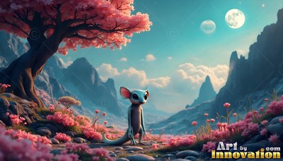 A small creature with big ears stands in pink flowers beneath a bright blue sky