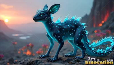 Standing in profile on rocky ground, a spotted blue creature faces sunset light