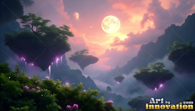 Floating islands drift over misty green mountains beneath two bright moons