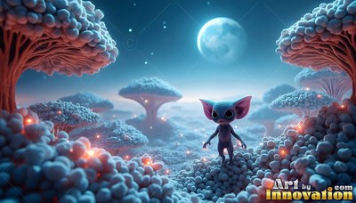 Under a bright moon, a small blue creature stands among fluffy trees