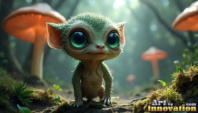 Sitting on the mossy ground, a small green creature with big eyes rests by mushrooms