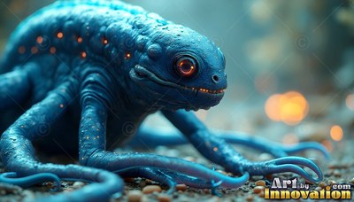A blue creature with tentacles crawls on a pebbled ground