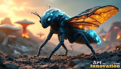 Orange veined wings spread from a blue insect walking across dusty ground with giant mushrooms
