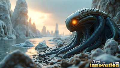 Crouched on a rocky shoreline, an octopus creature stares with one bright orange eye