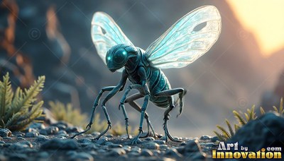 A blue insect with wide clear wings stands on rocky ground at sunset