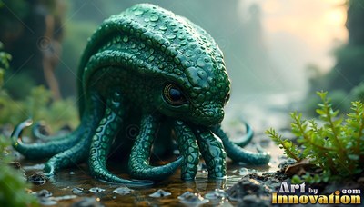 In a misty wetland, a small green octopus-like creature rests in a puddle