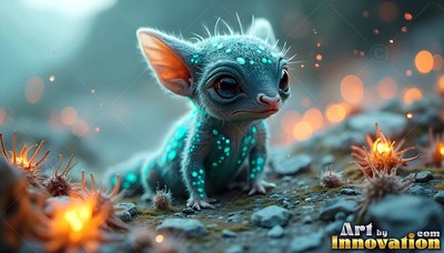 Crouching on rocky ground, a small blue creature rests near tiny bright plants