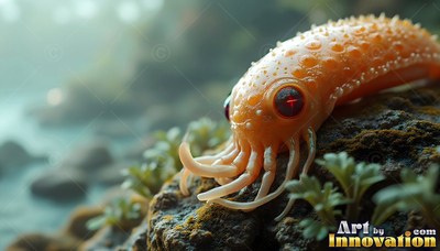 An orange slug creature with red eyes rests on mossy rock