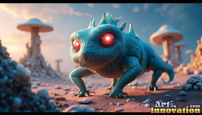 Red eyes shine on a small blue lizard walking across a sandy plain with mushrooms