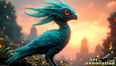 A small turquoise bird perches on a mossy rock in the warm orange sunset light