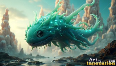 Floating close-up, a spiky turquoise creature drifts over misty water