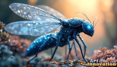 A dark blue insect with spotted clear wings stands on mossy ground