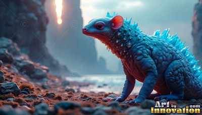On a rocky beach, a spiky blue lizard rests by the water near cliffs