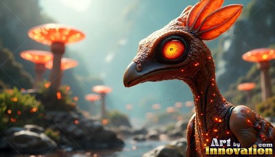 Looking back, a brown birdlike creature stands near bright red mushroom trees