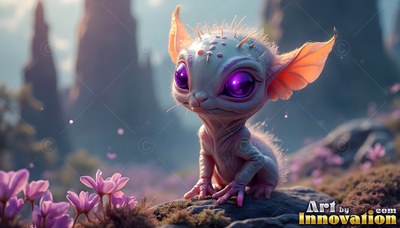 Small alien creature with large purple eyes sits on a rock