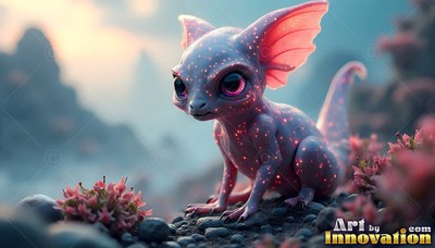 Large fin-like ears on a small purple creature resting on dark stones among pink flowers