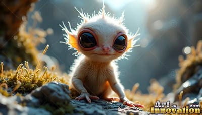 A tiny furry creature sits on rocky ground in bright backlighting