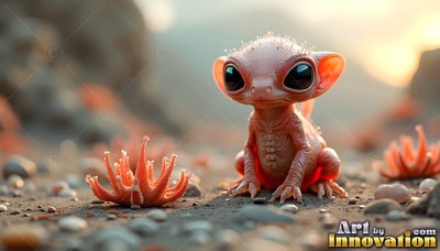 Sitting upright on rocky ground, a small pink alien rests by tiny red plants