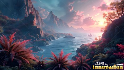 Red palm fronds overlook a calm ocean bay ringed by mountains at sunset