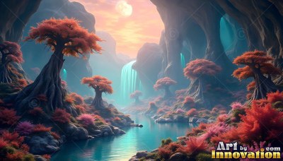 In a rocky valley, a blue river flows past red trees and distant waterfalls